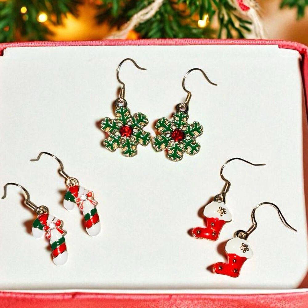 Christmas Earring Lot - 3 Pairs - Snowflake Candy Cane Stocking Holiday Jewelry